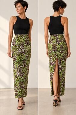 Ankara Style Column Tiered Maxi Skirt S Green Burgundy African Wax Print Art